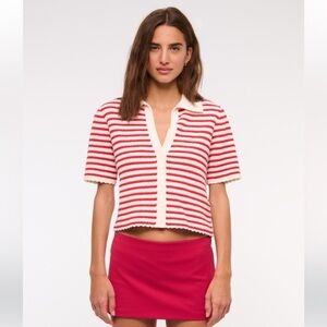 ABERCROMBIE AND FIT H Red and White Striped Knit Polo Top